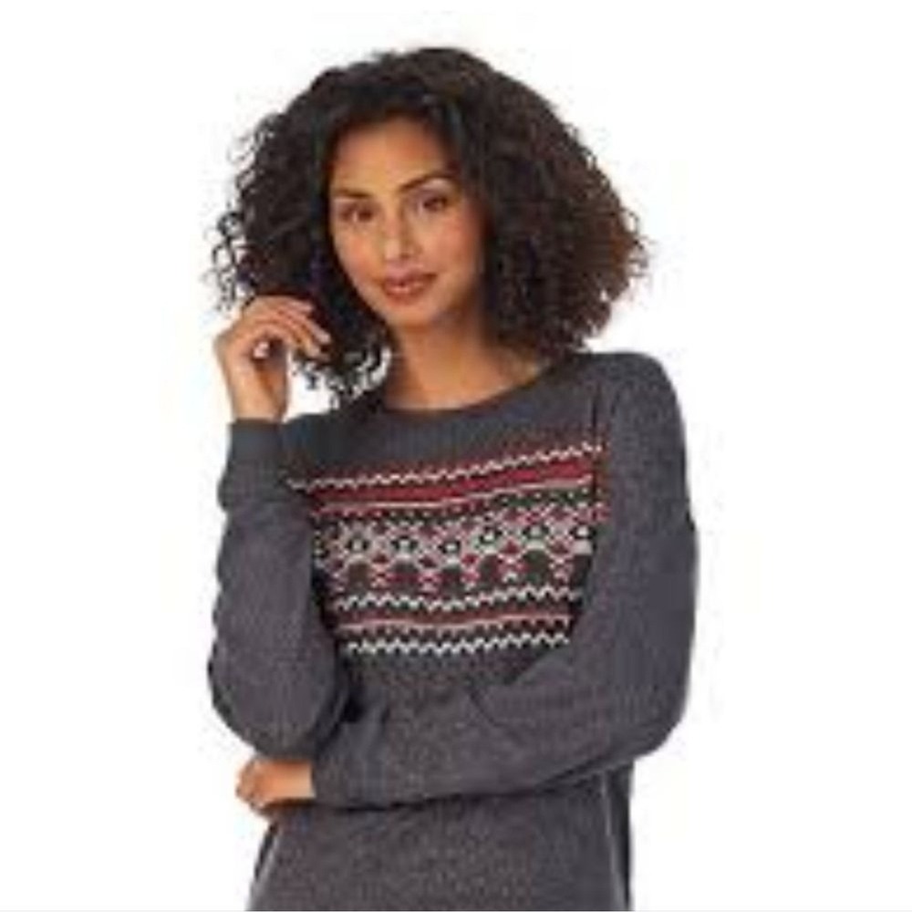 Cuddl Duds Sweater Fair Isle Nordic Alpine Cozy Knit Gray Red XS RN17363